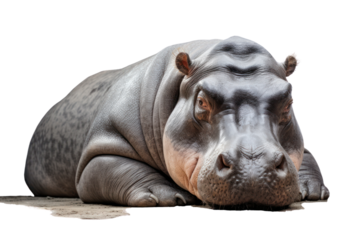 An artistic shot of a hippo lying down on a white background, with its eyes closed and body fully visible. Isolated on white background