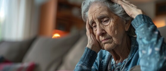 Obraz premium Elderly woman on couch appears worried and sad, touching temple. Solitary atmosphere with light in background.