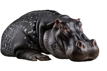 An artistic shot of a hippo lying down on a white background, with its eyes closed and body fully visible. Isolated on white background