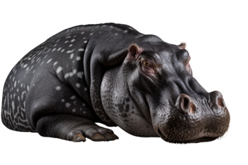 An artistic shot of a hippo lying down on a white background, with its eyes closed and body fully visible. Isolated on white background