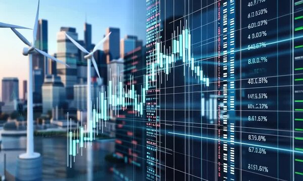 Discover the landscape of renewable energy growth amidst a dynamic city skyline, showcasing wind turbines and rising market trends - Powered by Adobe