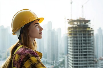 Portrait of a young female construction worker wearing a safety helmet, with a view of city buildings under construction in the background on a white backdrop, leaving space for copy.