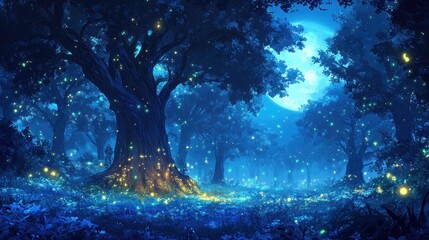 Enchanting Moonlit Forest with Glowing Fireflies