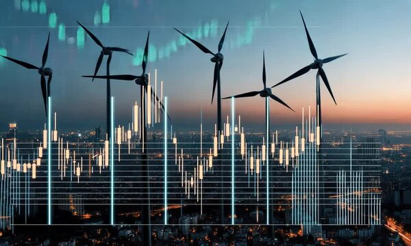 This clip showcases wind turbines against a vibrant sunset backdrop, illustrating the growth and importance of renewable energy in urban settings