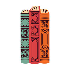 Naklejka premium Set of vintage books with ornate covers in green, red, and orange. Perfect for themes of education, literature, libraries, and reading. Ideal for school projects, book clubs, or study concepts.