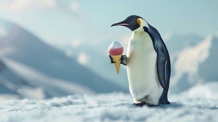 Obraz premium A emperor penguin in the arctic enjoying a snow cone