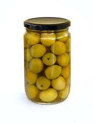 Jar of pickled olives in glass jar with black lid isolated on white background. Green pitted olives. Olive jars for design