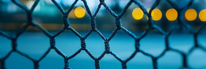 Fototapeta premium Tennis Court Net with Blurred Action, A close-up of the net separating two players engaged in an intense match, vibrant atmosphere, dynamic movement