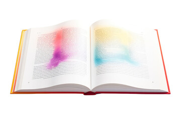 An open book with a colorful illustrated cover and visible text, laid out on a stark white surface...