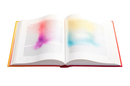An open book with a colorful illustrated cover and visible text, laid out on a stark white surface Isolated on white background
