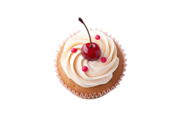 An overhead shot of a cupcake with a generous layer of cream and a cherry on top, with the cupcake placed in the center of the white background