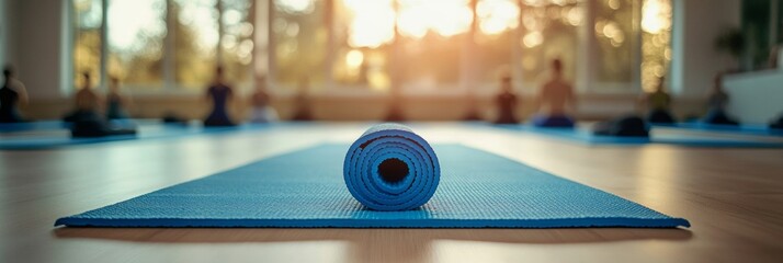 Yoga mat on studio floor, blurred class in session, serene atmosphere, mindfulness in practice, promoting wellness and balance