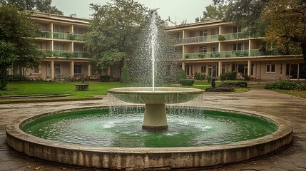 Stone Fountain in Front of Building with Balconies