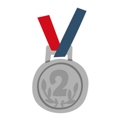 A silver medal for second place, a round metal medal suspended from a blue and red ribbon. Vector flat graphic design, isolated illustration. Blue, yellow, red. Distribution of winnings by places