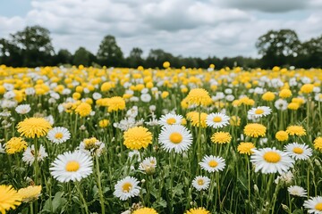 Obraz premium Spring Meadow Flowers White Daisies and Yellow Dandelions