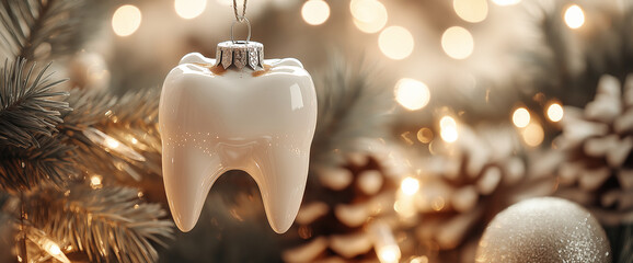 Elegant 3D tooth ornament hanging on a Christmas tree with sparkling lights. Holiday dental decor for festive season, perfect for dental clinics Christmas promotions and campaigns