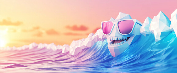 Vibrant low poly 3D style tooth character surf on stylized ocean waves at sunset. Playful and fun dental image. For summer promotions and tropical healthcare campaigns