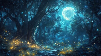 Obraz premium Enchanted Forest with Fireflies and Full Moon