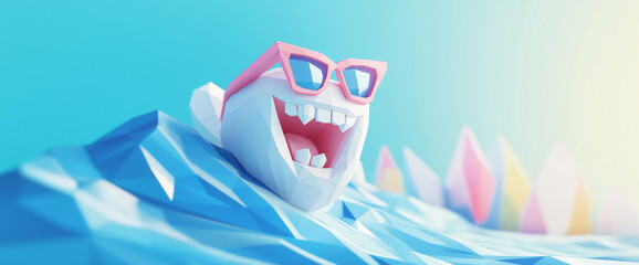 Vibrant low poly 3D style tooth character surf on stylized ocean waves at sunset. Playful and fun dental image. For summer promotions and tropical healthcare campaigns