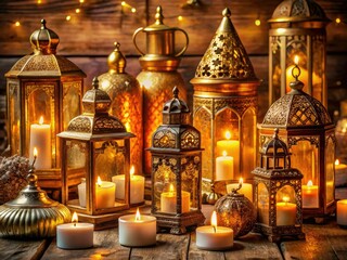 Obraz premium A sophisticated setting of antique lanterns and candles is elevated by ornate gold accents, exuding warmth and sophistication in equal measure.
