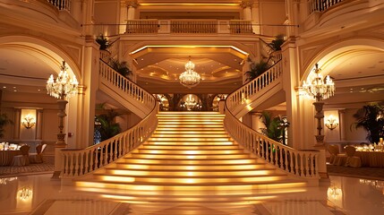 Obraz premium A big softly lit gala area with lavish decor and a grand stairs full of tiers of beautifully set sofas