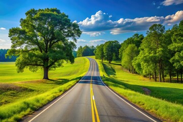 Fototapeta premium Asphalt road meanders through lush fields and towering trees, basking in the warm glow of a brilliant blue sky on a sunny day in Alabama.