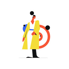 Woman in Yellow Coat Standing Flat Vector Illustration. Young Female in Trendy Wear in Pose