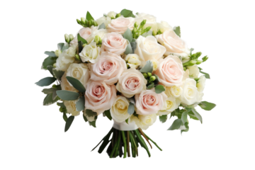 Elegant bridal bouquet with soft pastel roses and green leaves against a white background