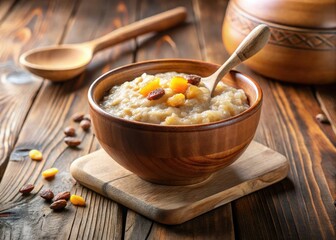 A steaming bowl of creamy oatmeal porridge sits invitingly on the table, a wooden spoon lying beside it, ready to be used.