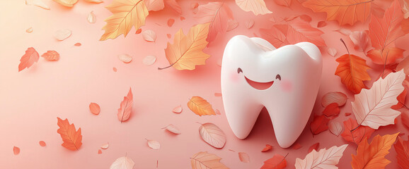 3D tooth surround by falling autumn leaves. Warm and cozy seasonal dental-themed image. For autumn promotions and healthcare campaigns with a focus on dental care