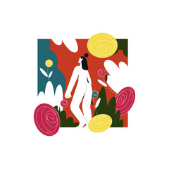 Naked Woman Barefoot Walking in Nature with Flower Bud Vector Illustration. Nude Girl as Natural Beauty Concept