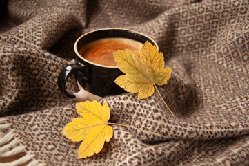 Cozy autumn coffee with leaves and a blanket