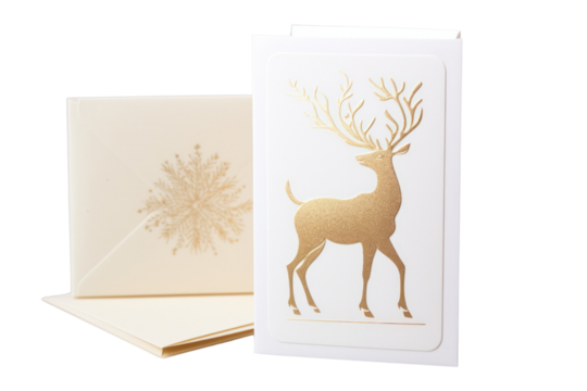 High-end Christmas card featuring a gold-foiled reindeer silhouette against a soft, creamy white backdrop. Isolated on white background - Powered by Adobe