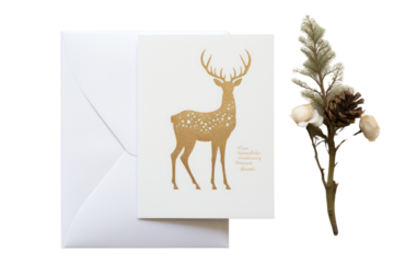 High-end Christmas card featuring a gold-foiled reindeer silhouette against a soft, creamy white backdrop. Isolated on white background