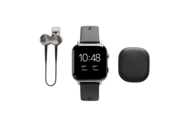 High-resolution image of a sleek smartwatch with a minimalist interface, positioned next to a pair of wireless earbuds on a white background