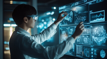 A scientist interacts with a digital interface displaying holographic data in a modern lab setting at night