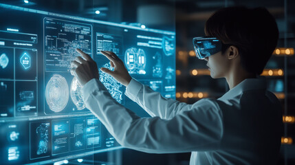 A scientist interacts with a digital interface displaying holographic data in a modern lab setting at night