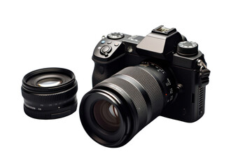 Fototapeta premium Isolated digital camera with a large lens, sitting on a white surface, accompanied by a memory card Isolated on white background