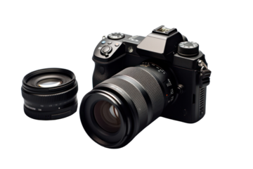 Isolated digital camera with a large lens, sitting on a white surface, accompanied by a memory card Isolated on white background