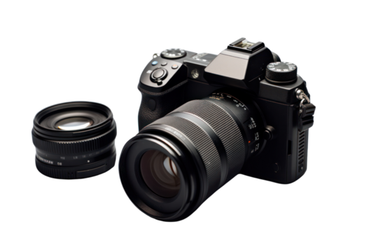 Isolated digital camera with a large lens, sitting on a white surface, accompanied by a memory card Isolated on white background