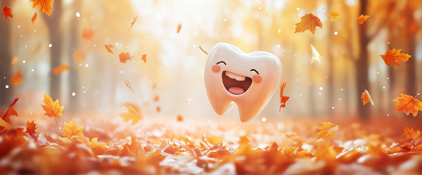 Happy 3D tooth jump in  pile of autumn leaves. Cheerful and playful dental character enjoy the fall season. For seasonal healthcare promotions and dental marketing