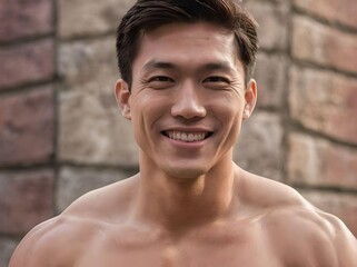 Close-up Portrait of Handsome Shirtless and Muscular Asian Man Smiling and Looking at Camera Portrait with Stone Brick Wall in The Back