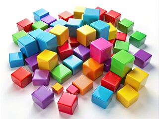 Obraz premium A vibrant jumble of irregularly shaped blocks in a kaleidoscope of colors lies scattered across a pure white background, creating a visually striking composition.