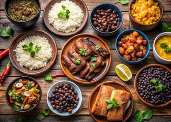 A vibrant table spread features classic Cuban dishes such as roasted pork, black beans, and rice, all carefully arranged in a fragrant feast for the senses.