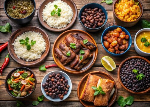 A vibrant table spread features classic Cuban dishes such as roasted pork, black beans, and rice, all carefully arranged in a fragrant feast for the senses.