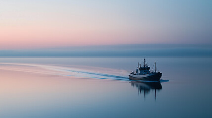 Naklejka premium A fishing trawler moves across calm sea waters at dawn, leaving a gentle trail behind