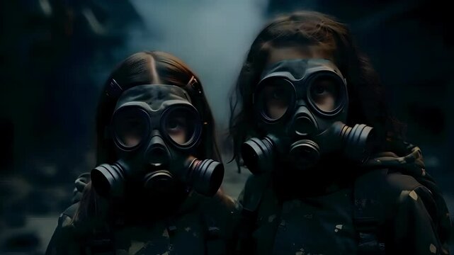 Video Recreation of two little girls with survival gas masks	
