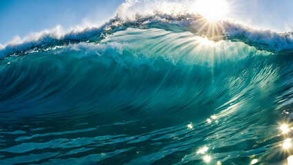 Close up front view of turquoise big wave in the ocean against sun light ray and clear blue sky seascape scene