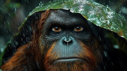 Obraz premium A close-up portrait of an orangutan in the rain, with a large leaf overhead, looking directly at the camera.