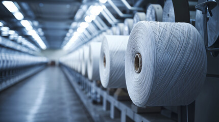 Close-up spools of yarn thread. Textile factory equipment. Threads production. Textile factory. Spinning production.